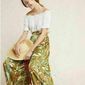 Anthropologie Maeve Shiloh Wide-Leg Pants Green Printed Floral stretchy size XS